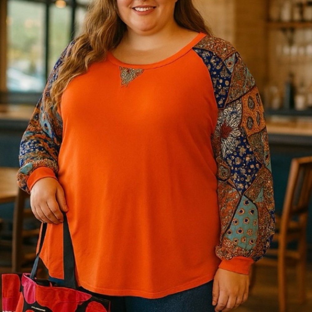 NEW Emerald Orange Boho Puff Sleeve Top